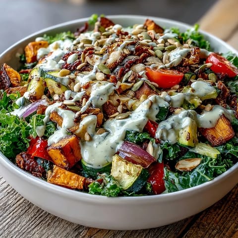 Kale Salad Bowl featuring tender massaged kale, golden roasted sweet potatoes, and crunchy almonds tossed in creamy tahini dressing.