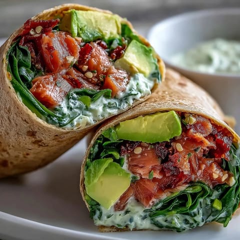 Creamy avocado tuna filling wrapped in whole wheat tortillas with spinach, ideal for meal prep or on-the-go eating.