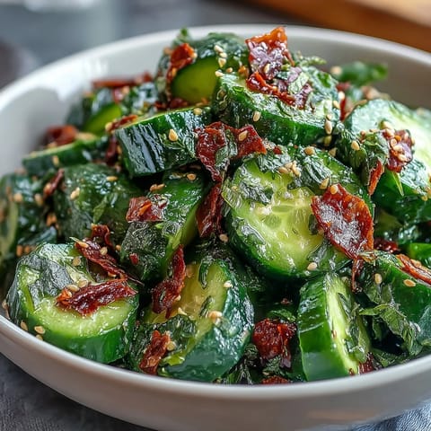 Crunchy smashed cucumbers tossed with spicy garlic chili oil and fresh scallions in a tangy Asian-inspired dressing.