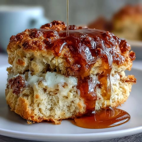 Golden scones speckled with fresh dandelion petals and drizzled with honey, served warm with a generous dollop of clotted cream for a springtime brunch treat.