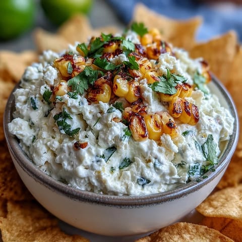 Creamy Elote Dip with charred corn and cotija cheese served with crispy tortilla chips for dipping.