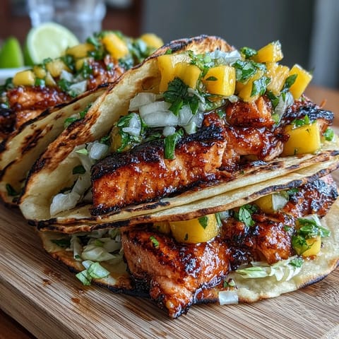Grilled salmon tacos with mango salsa bursting with fresh flavors and zesty lime.  