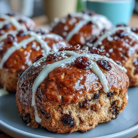 Soft, spiced hot cross buns with orange glaze, studded with currants and topped with a sweet citrus drizzle.
