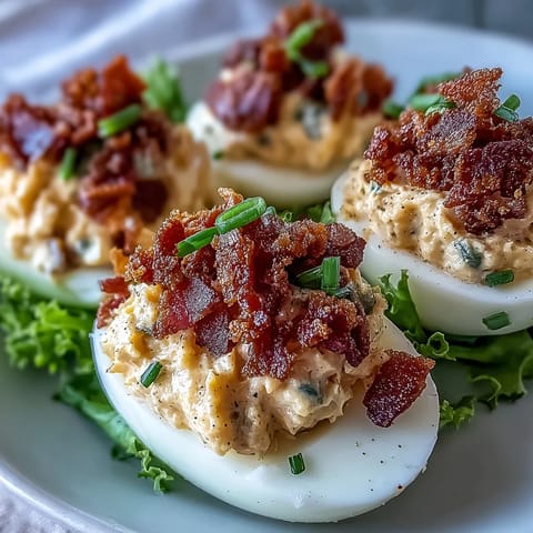 BLT Deviled Eggs with Crispy Bacon Crumbles on a white platter, garnished with shredded lettuce, diced tomatoes, and golden bacon bits for a classic appetizer twist.
