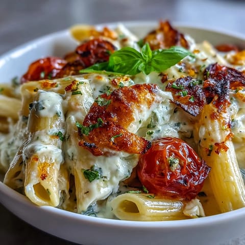 Creamy baked feta pasta with cherry tomatoes and basil, perfect for a quick and flavorful weeknight dinner.  