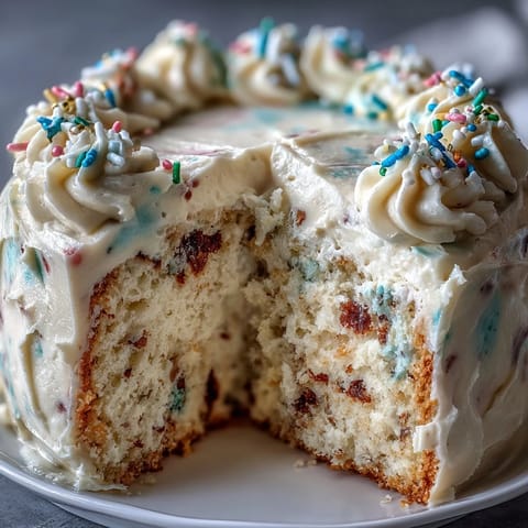 Fluffy funfetti cake layered with rich funfetti dip, decorated with cheerful sprinkles for a festive spring celebration.  