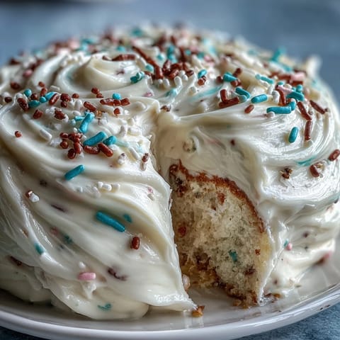 A vibrant spring birthday cake with layers of funfetti sponge and creamy funfetti dip, topped with rainbow sprinkles.  