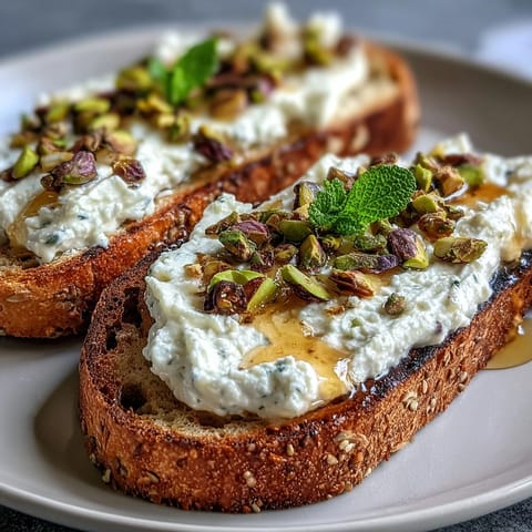 Creamy whipped ricotta toast with honey and pistachios, golden toasted bread awaits.