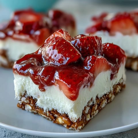 Creamy cheesecake bars topped with fresh strawberries and a crunchy pretzel crust.