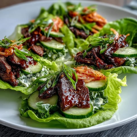 Tender Korean BBQ beef nestled in crisp lettuce, topped with spicy kimchi.