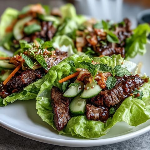 Juicy Korean BBQ beef wraps filled with kimchi and fresh, crunchy vegetables.