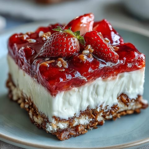 Sweet and salty strawberry pretzel salad bars, a layered dessert masterpiece.