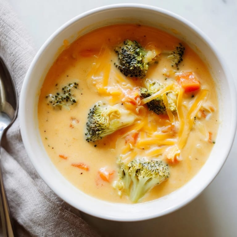 A pot of homemade broccoli cheese soup simmering on the stove, showing tender broccoli florets and melted cheese.