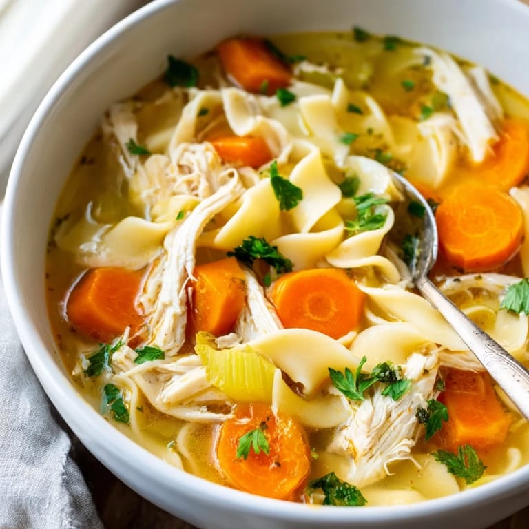 Warm homemade chicken noodle soup steaming in a white bowl, loaded with wide egg noodles, bright veggies, and herbs, served beside a slice of crusty bread.