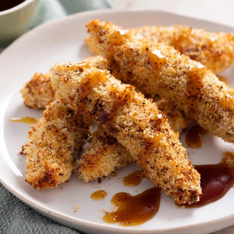 Crispy homemade Chicken Tenders served on a white plate alongside creamy honey-mustard sauce and a side of fries.