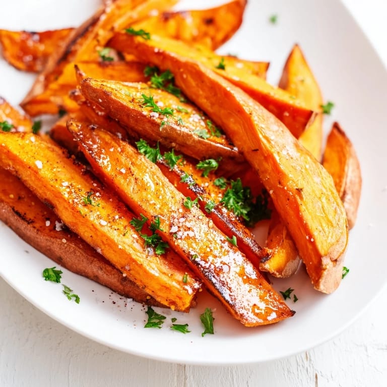 Oven-roasted Sweet Potato Fries with fluffy centers and crisp edges, served hot alongside a creamy dipping sauce.