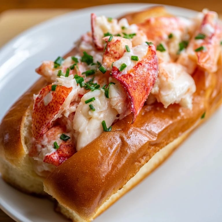 A close-up of a split-top New England Lobster Roll filled with tender lobster chunks on a checkered picnic blanket.