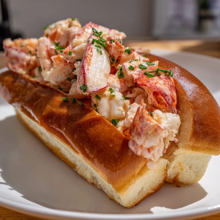 Buttery toasted buns cradling a heaping New England Lobster Roll garnished with fresh chives and lemon slices.