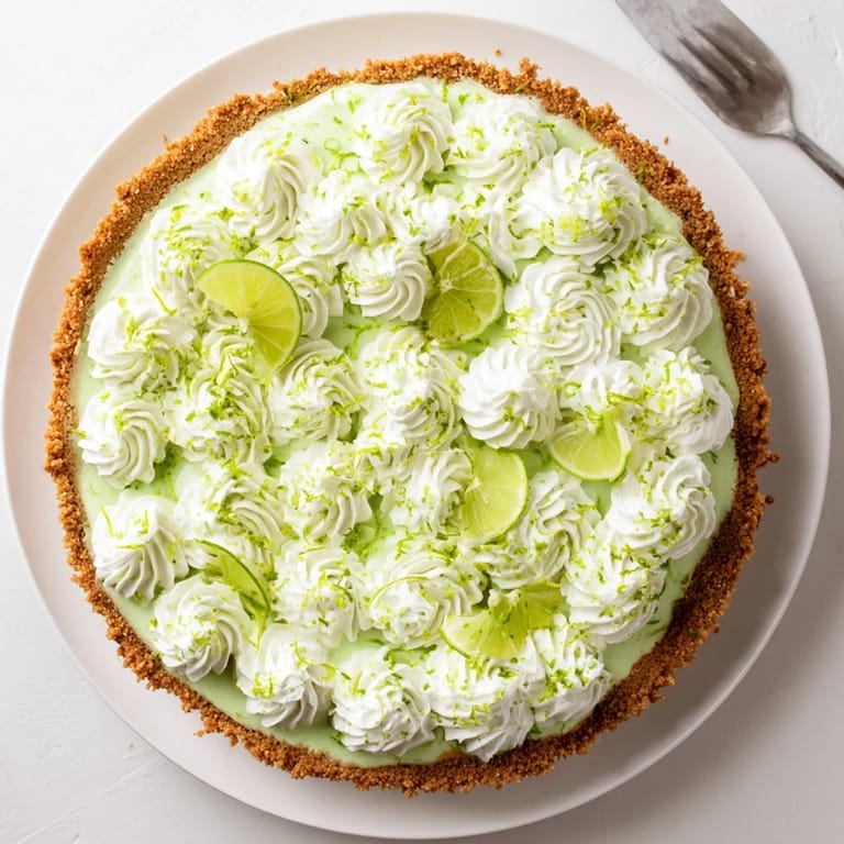 Homemade Key Lime Pie with smooth lime filling, whipped cream swirls, and a rustic crumb crust in a pie dish.