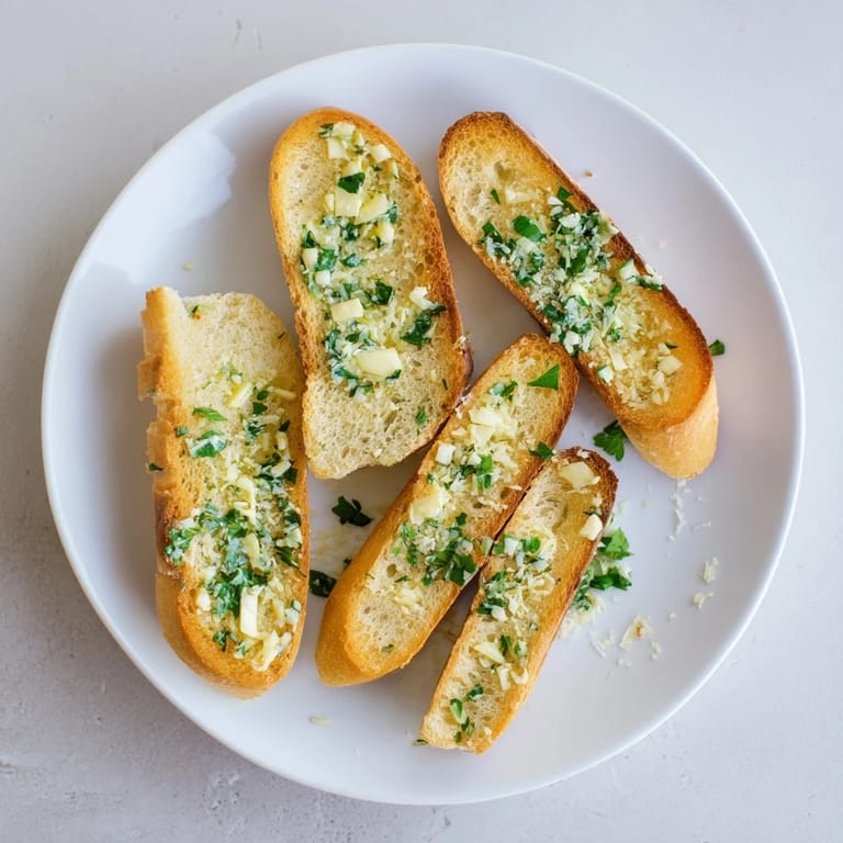 Golden-brown Garlic Bread slices, prepared with buttery garlic spread and fresh parsley, are stacked on a white plate ready to accompany a hearty Italian dinner.