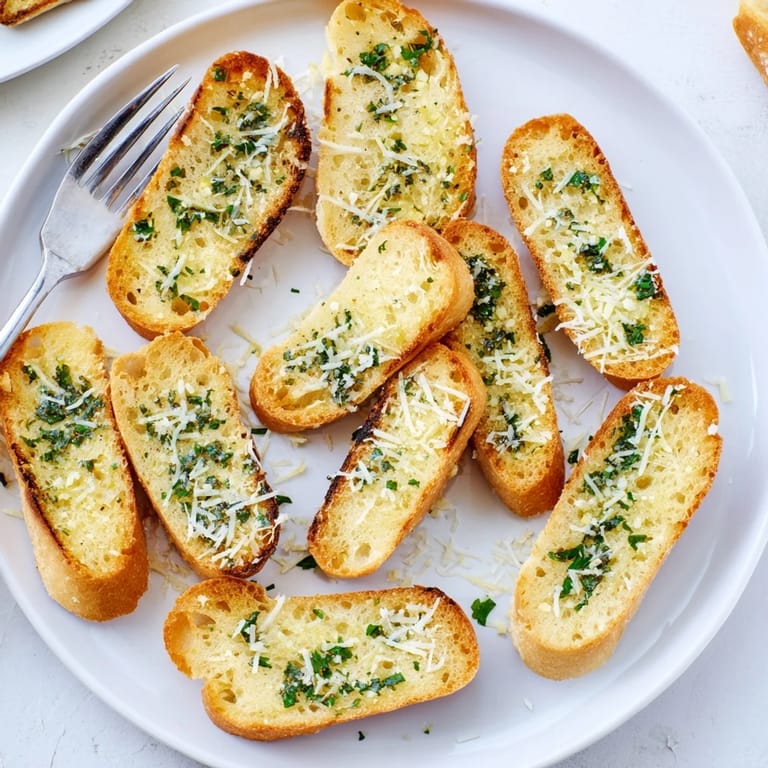 Close-up of hot Garlic Bread featuring a crispy crust, soft interior, and bubbling Parmesan topping, drizzled with rich garlic butter and fresh herbs.