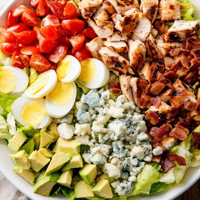 Hearty Cobb Salad with tender chicken, crispy bacon, ripe avocado, and a drizzle of homemade vinaigrette.
