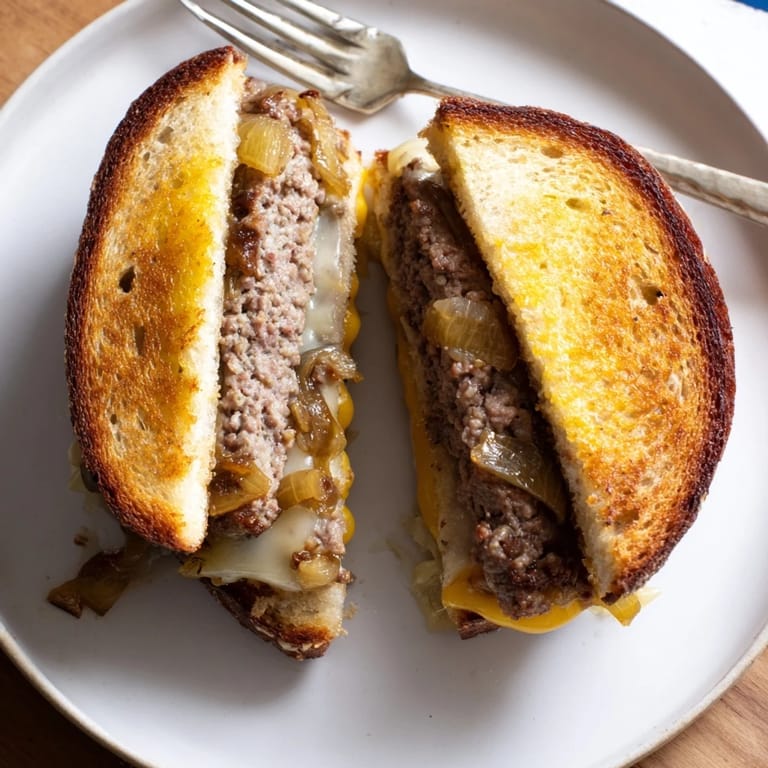 Grilled Patty Melt sandwich cut in half, revealing juicy beef patty and onions between toasted bread.