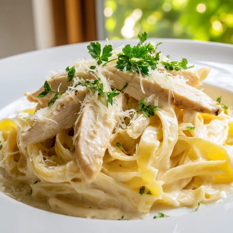 Close up of creamy fettuccine Alfredo with tender chicken, ready to serve for a comforting dinner.