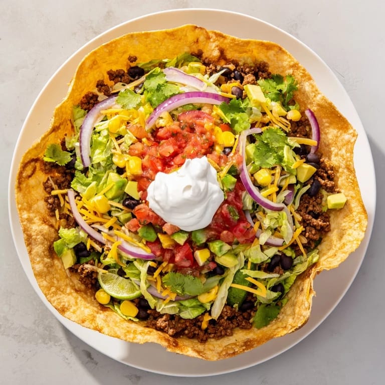 Hearty Taco Salad in a crispy shell features warm beef, melted cheddar, sour cream, and vibrant veggies for a satisfying meal.