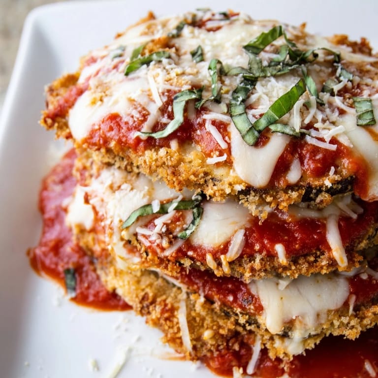 Melted, bubbly mozzarella and Parmesan cheese topping a hearty slice of baked Eggplant Parmesan in a casserole dish.