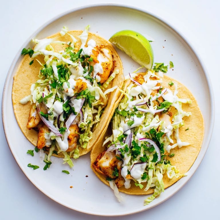 Freshly assembled fish tacos with shredded cabbage, creamy sauce, and lime wedges, ready to serve for a casual dinner.