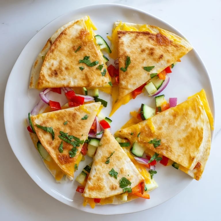 Crispy homemade quesadillas stuffed with melted Mexican cheese blend and sautéed vegetables, served hot for an easy weeknight dinner.