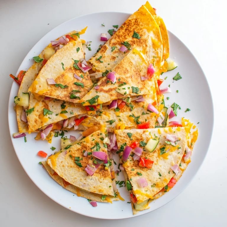 Folded flour tortilla filled with gooey cheese, zucchini, and red onion, pan-fried to perfection and garnished with cilantro.