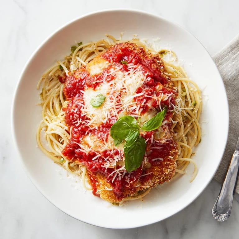 Italian-American Chicken Parmesan on a plate, breaded cutlets smothered in tomato sauce and Parmesan cheese.