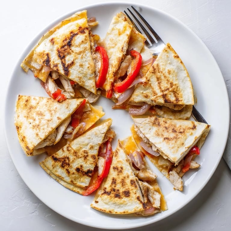 Fresh cilantro garnish and a dollop of sour cream accompany this golden Chicken Quesadilla served on a rustic board.