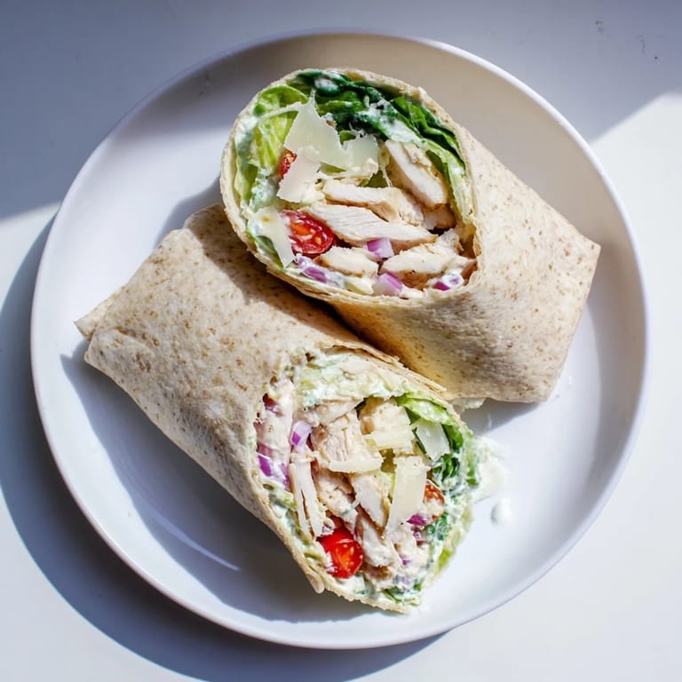 Freshly rolled Chicken Caesar Wrap on a wooden board, served beside extra Caesar dressing and halved cherry tomatoes.