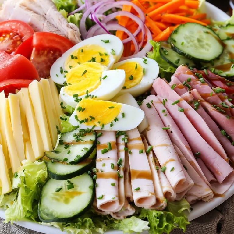 This hearty Chef Salad has vibrant vegetable toppings like tomatoes, cucumber, and red onion, drizzled with tangy vinaigrette.