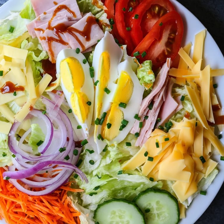 Serving a colorful Chef Salad on a platter, garnished with fresh parsley and chopped chives, ready for dinner.