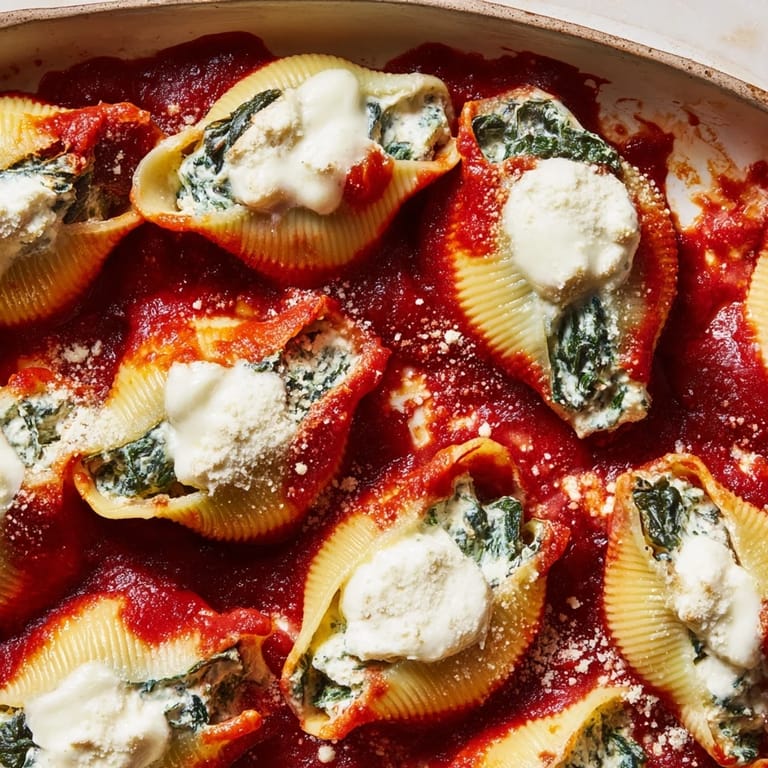 Serving suggestion for Italian Stuffed Shells with a side salad and garlic bread, steaming on a family-style table.