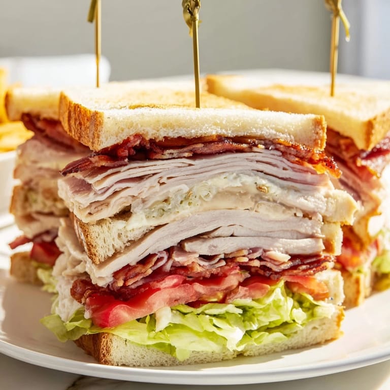 Freshly sliced Turkey Club Sandwich on a wooden cutting board, revealing layers of turkey, bacon, lettuce, and tomato, perfect for a quick lunch.