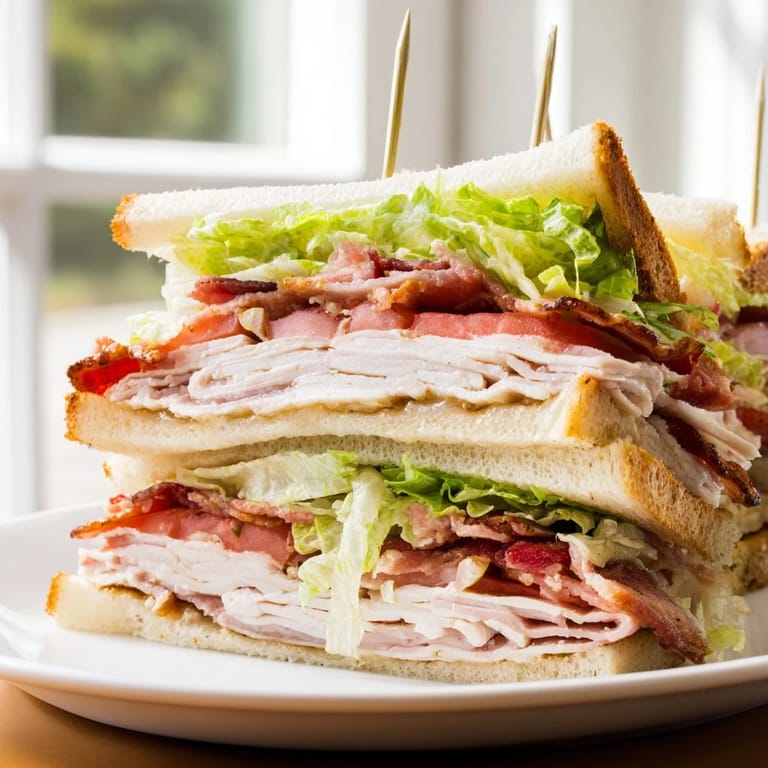 Golden-brown toasted Turkey Club Sandwich quarters on a plate, garnished with pickles, showcasing the classic American deli-style layers and textures.