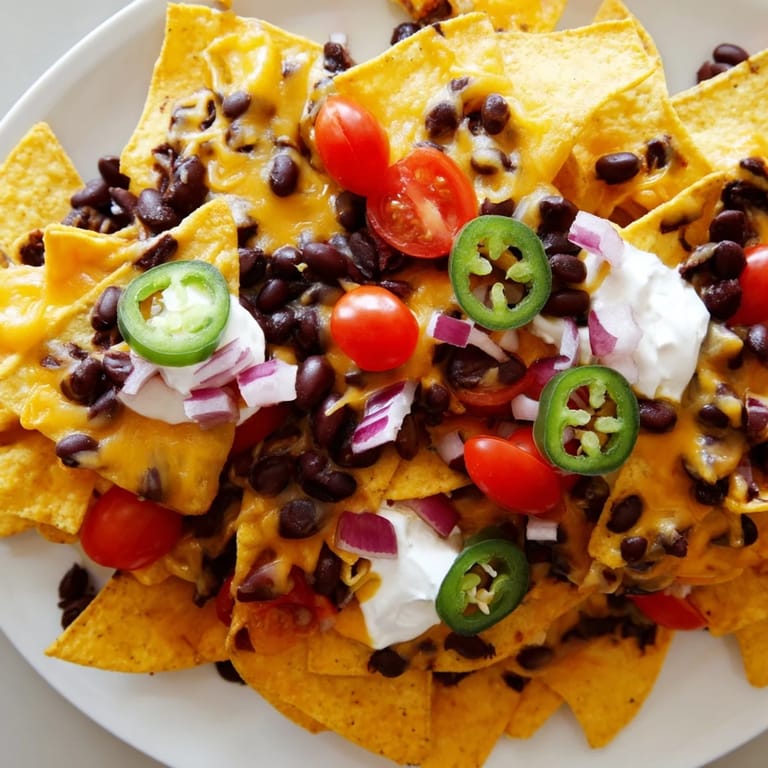 Appetizer platter of crispy tortilla chips baked with cheese, beans, and spicy jalapeños under a broiler.