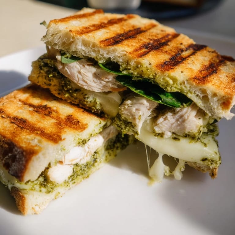 Savory Chicken Pesto Panini with juicy chicken, vibrant pesto, and gooey mozzarella layered on warm ciabatta, ready to slice and serve.