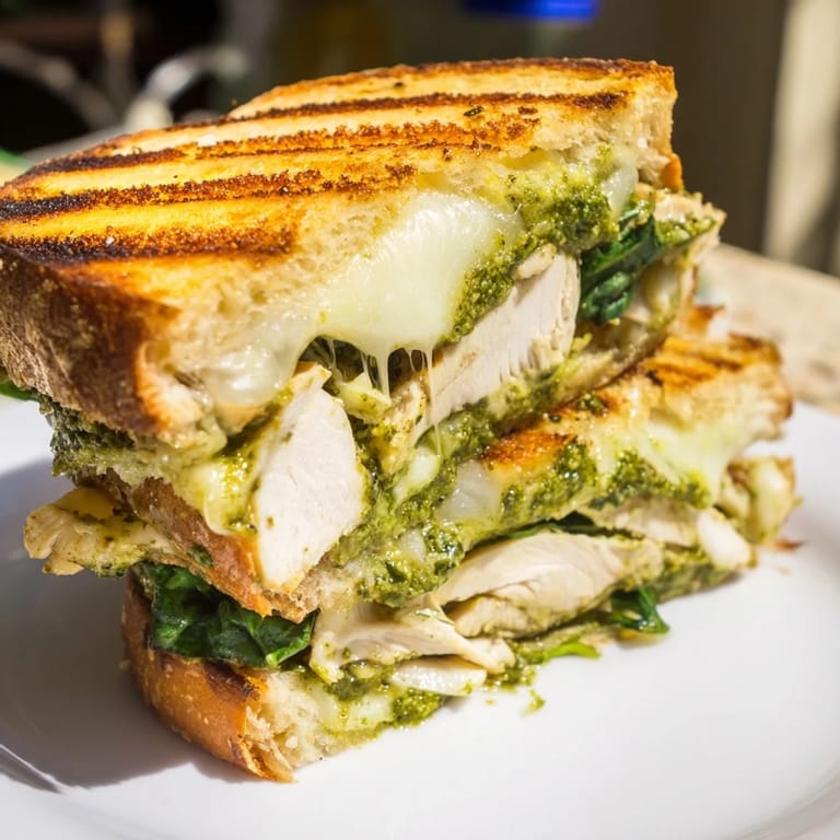 Golden-brown Chicken Pesto Panini showcasing tender grilled chicken, fresh mozzarella, and basil pesto on crispy ciabatta for a satisfying Italian-style lunch.