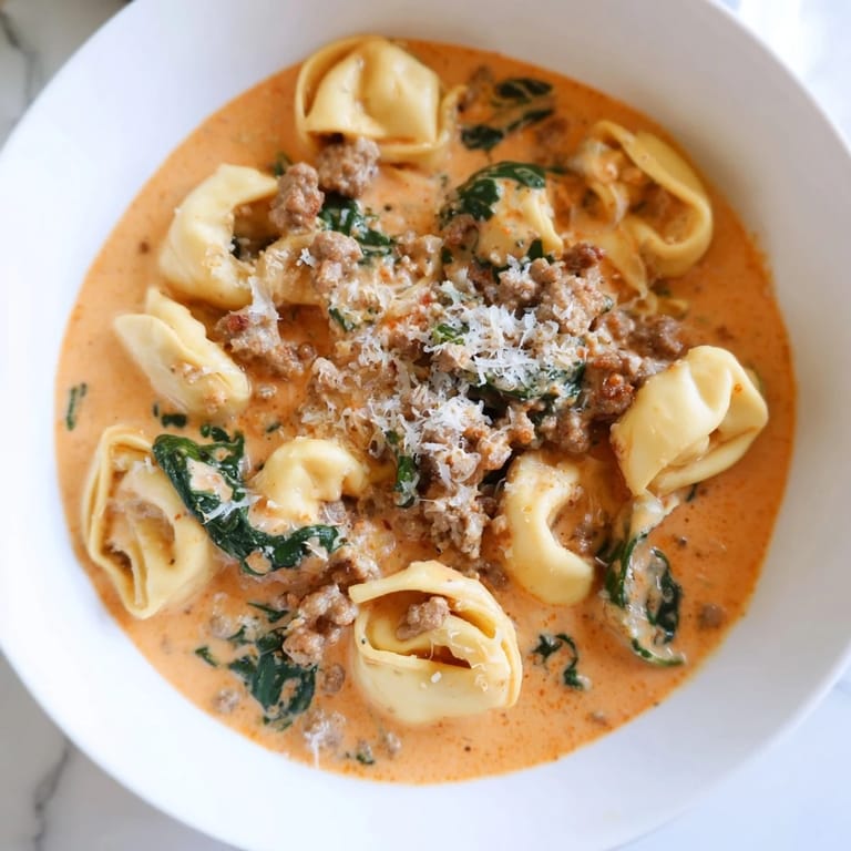 Hearty Tuscan Tortellini Soup simmering in a pot with rich tomato broth.