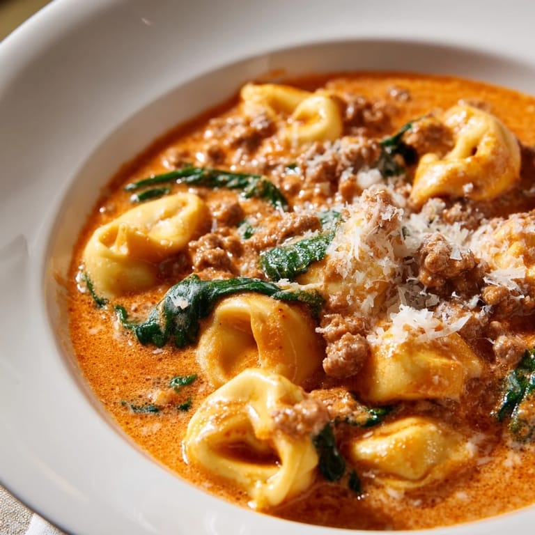 Creamy Tuscan Tortellini Soup served with crusty bread for dipping.  