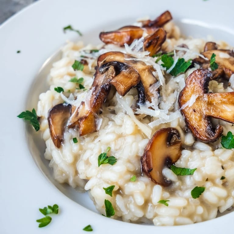 A close-up spoonful of Roasted Mushroom Risotto, revealing a rich, cheesy texture with caramelized mushrooms and fresh thyme garnish.