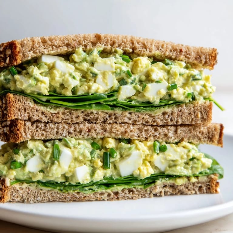 A fresh and colorful plate featuring the avocado egg salad sandwich, served with a side of lemon wedges and baby spinach leaves for extra crunch.