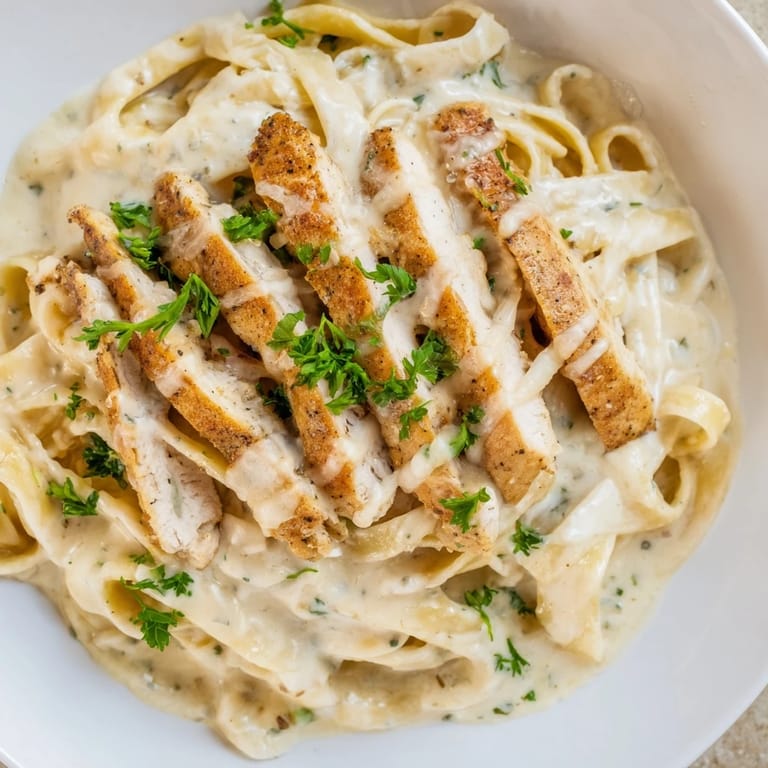 Plated Cajun Chicken Alfredo, showing tender chicken strips and silky Alfredo sauce, paired with a glass of crisp white wine.