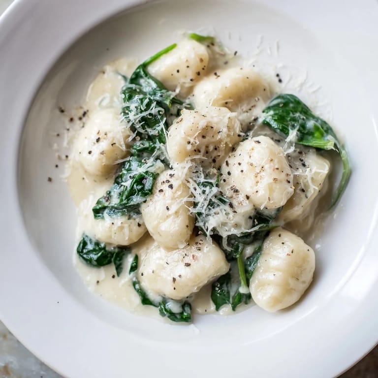 Restaurant-style Creamy Garlic Gnocchi twirled on a fork, fresh spinach and parmesan garnish.